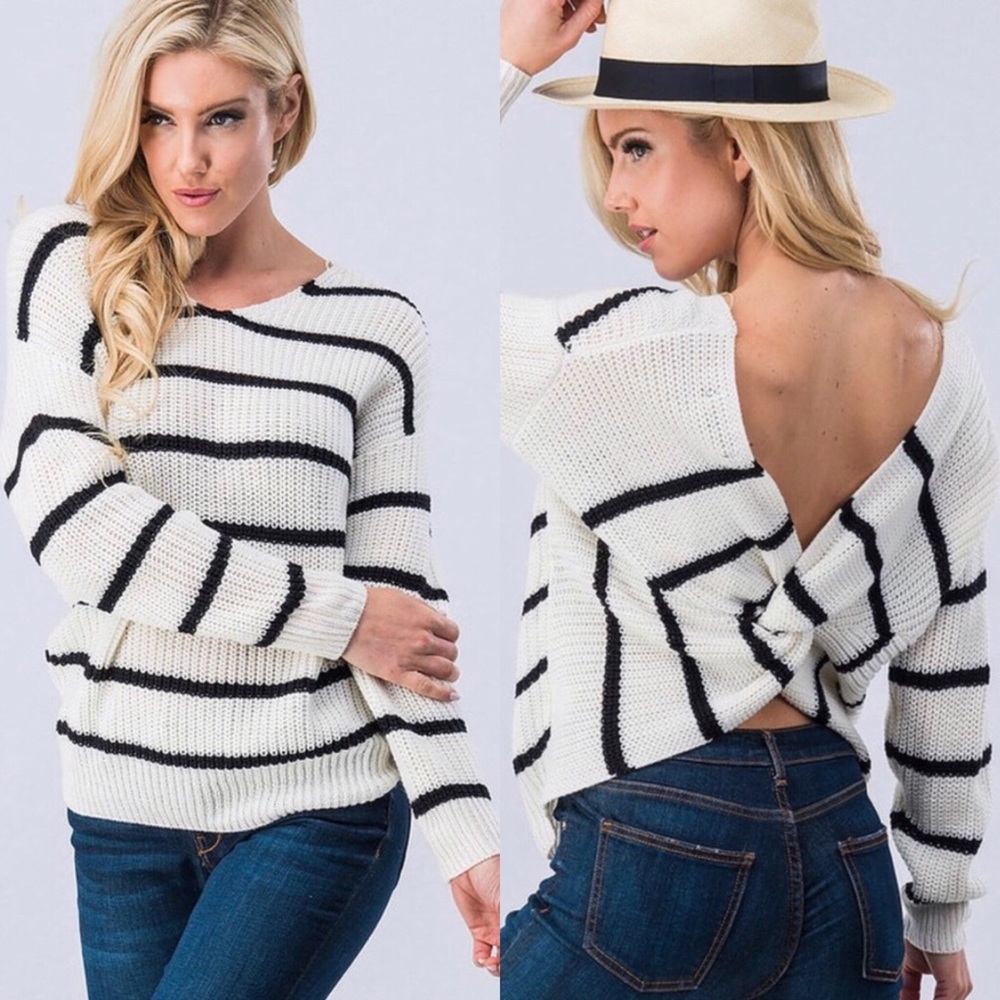 NWOT White/Black Stripe Twist Back Sweater